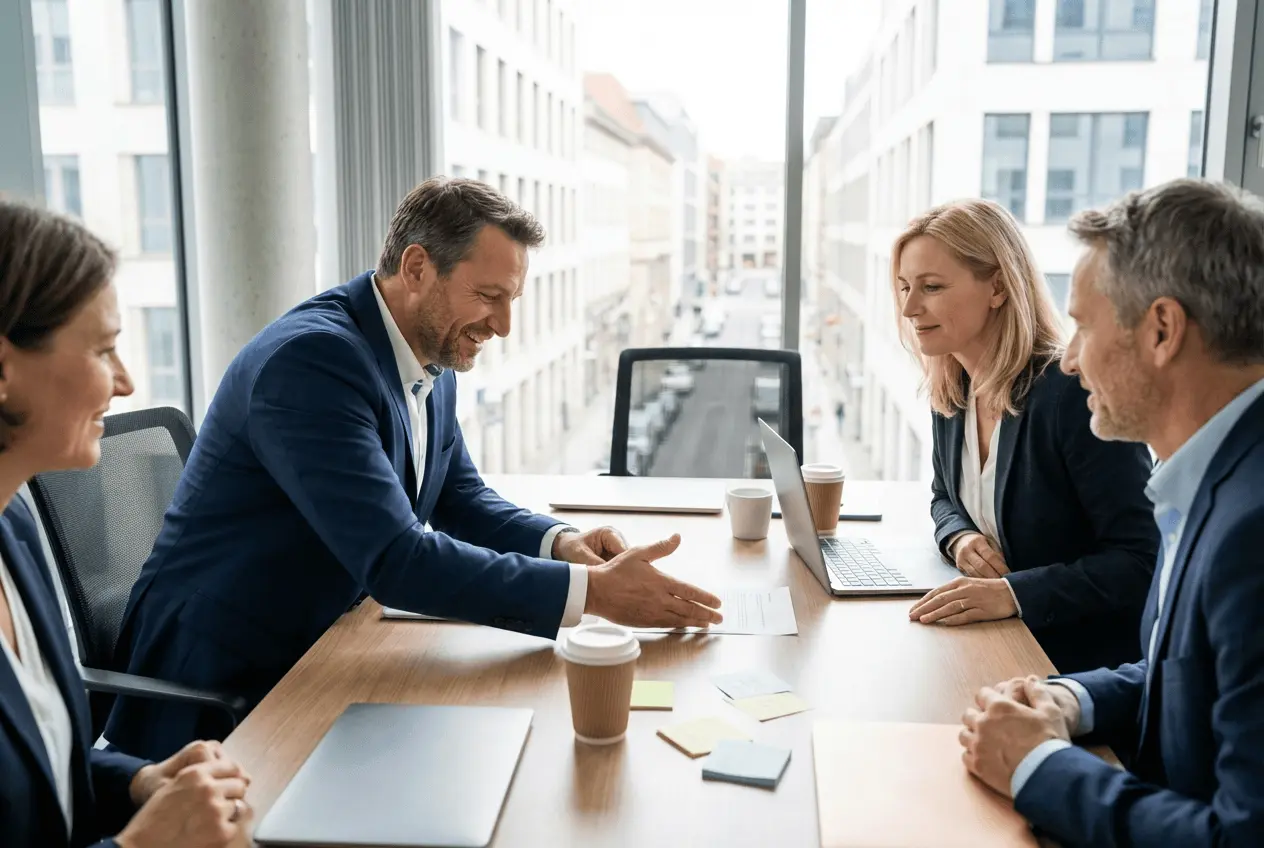 Professionelle Business Situation mit zwei Parteien am Konferenztisch beim Aushandeln von Verträgen
