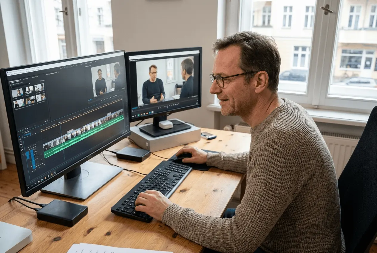 Video Editor Arbeitsplatz mit Schnittprogramm Timeline für Color Grading und Visual Effects