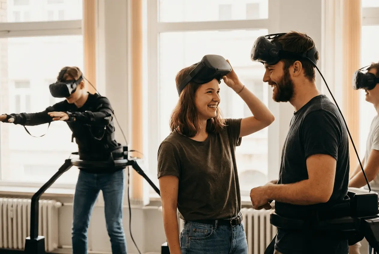 Gruppe von Freunden spielt gemeinsam in einer Virtual Reality Arcade mit VR-Brillen und Controllern