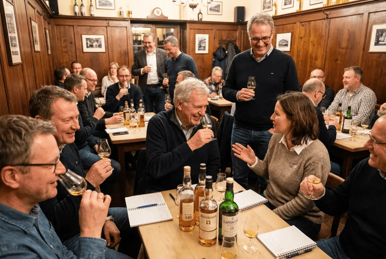 Professionelles Whisky Tasting Event mit Glencairn Gläsern und Tasting Notes in einer Bar