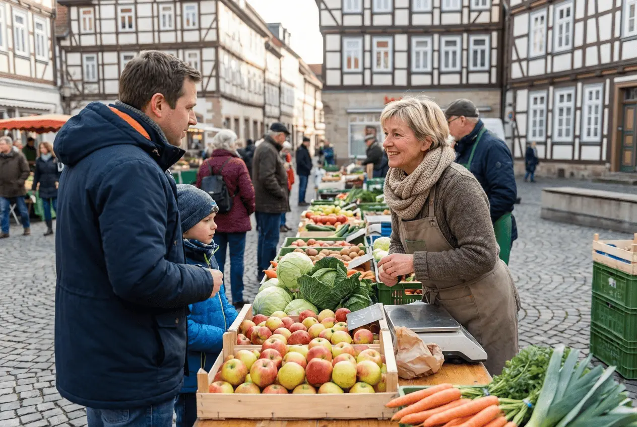 Frisches Gemüse und lokale Produkte am Wochenmarkt Standplatz Verkaufstresen