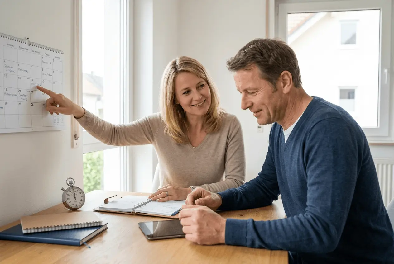 Business Coach arbeitet produktiv am Laptop mit digitalem Kalender und effizientem Zeitmanagement