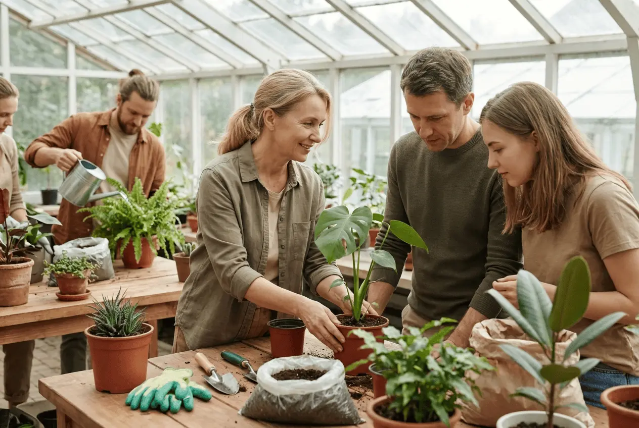 Gruppe lernt Zimmerpflanzen Pflege beim Umtopfen und Stecklinge schneiden im Workshop