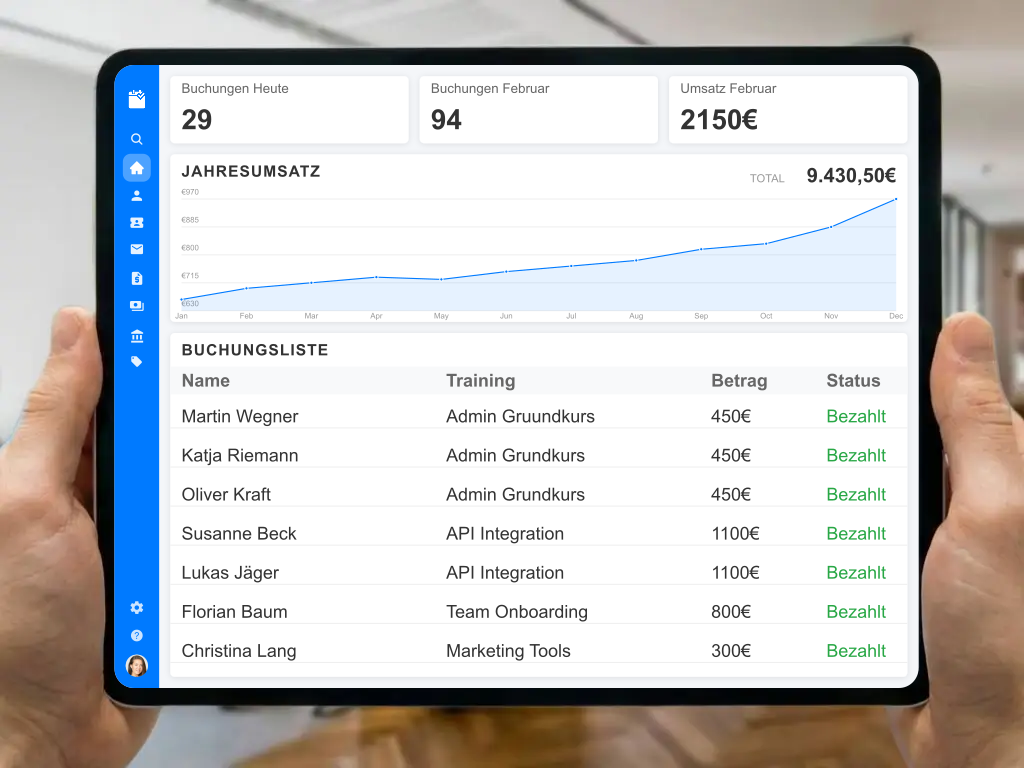 Kombinierte Online Terminbuchung und Kursverwaltung mit integrierter E-Rechnung kompatibler Finanzbuchhaltung