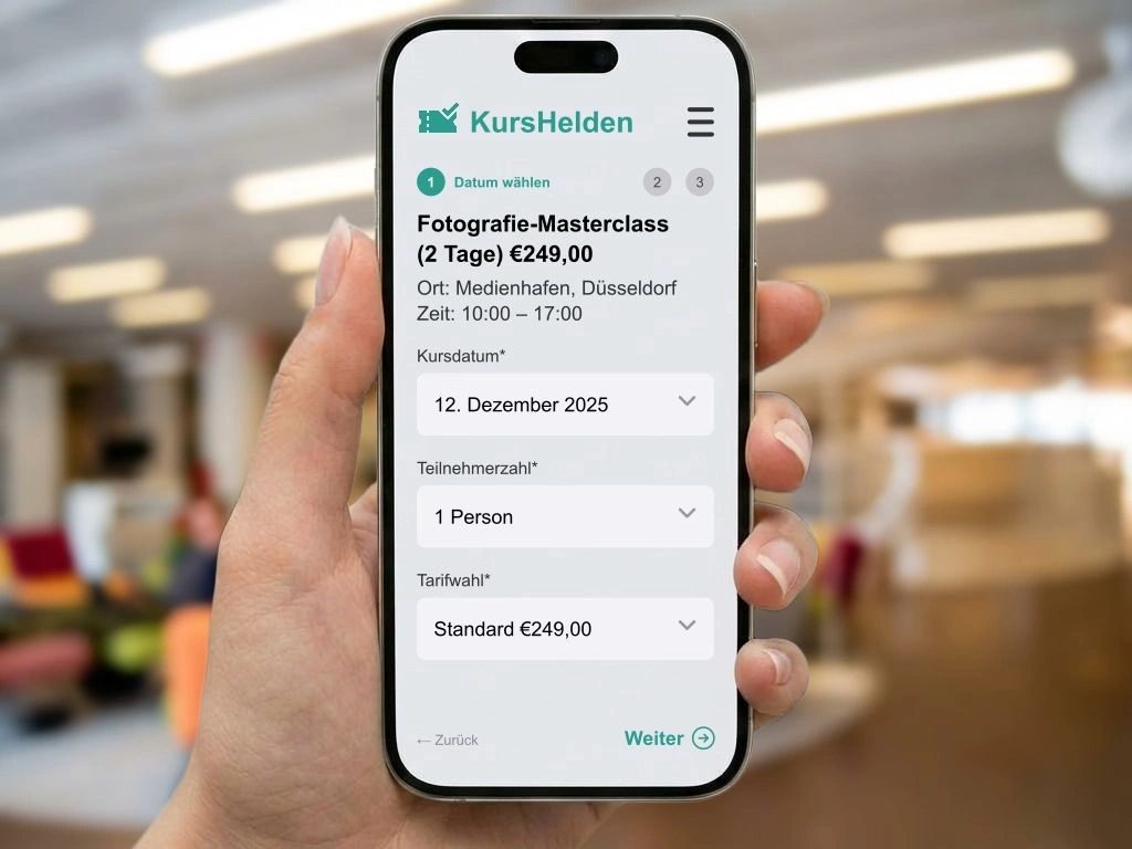 Online Buchungsformular auf Webseite integriert für Kurse und Seminare zur sofortigen Anmeldung und Bezahlung