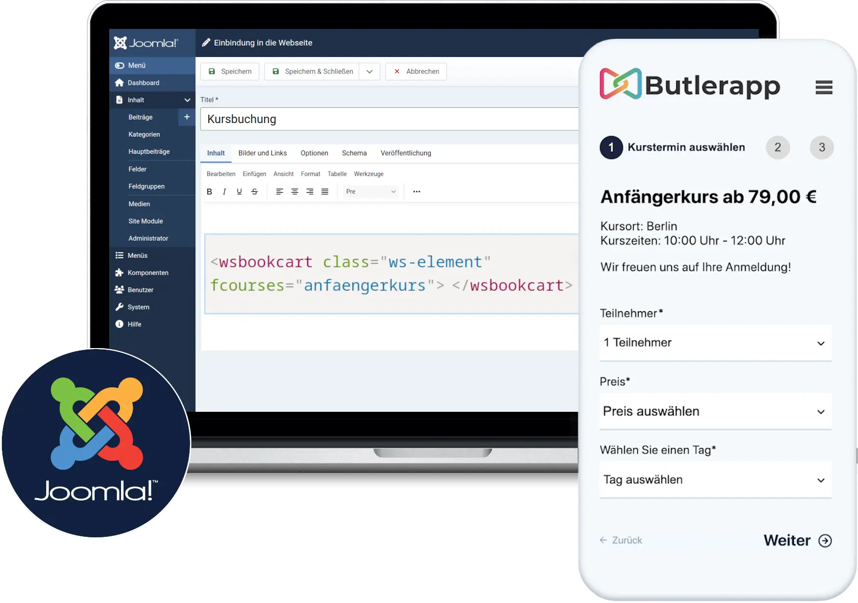 Ansicht einer responsiven Kursverwaltung auf einer Joomla Webseite für Seminare und Workshops zur digitalen Teilnehmerverwaltung