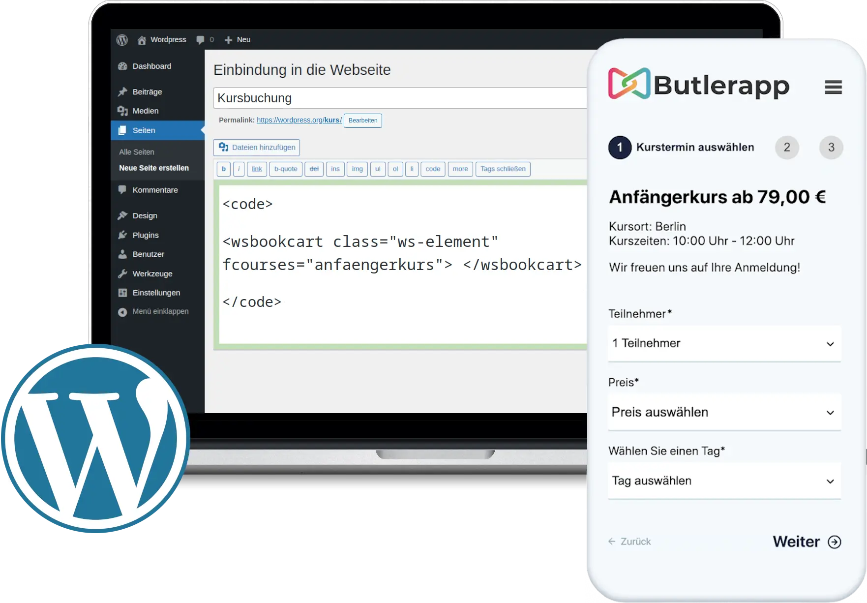 WordPress Kursbuchungssystem Integration Dashboard Seminarverwaltung und Online Terminbuchung Widget