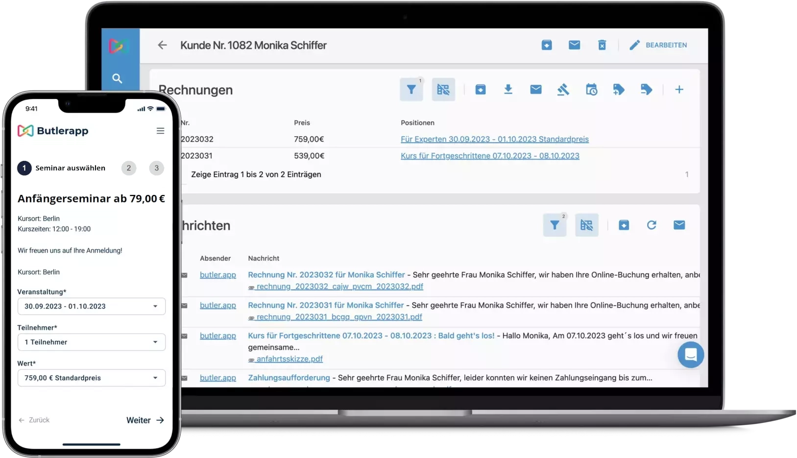 Seminarleiter organisiert Teilnehmer und Workshop Planung digital am Laptop