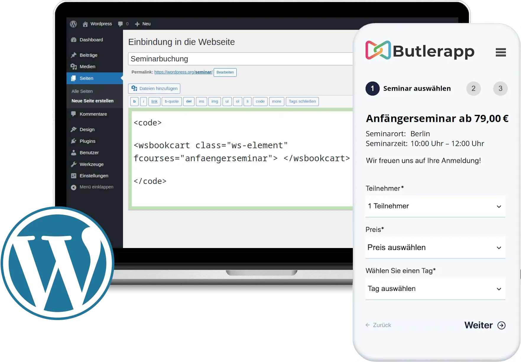 Modern wordpress website displaying a seminar booking calendar and registration form integration