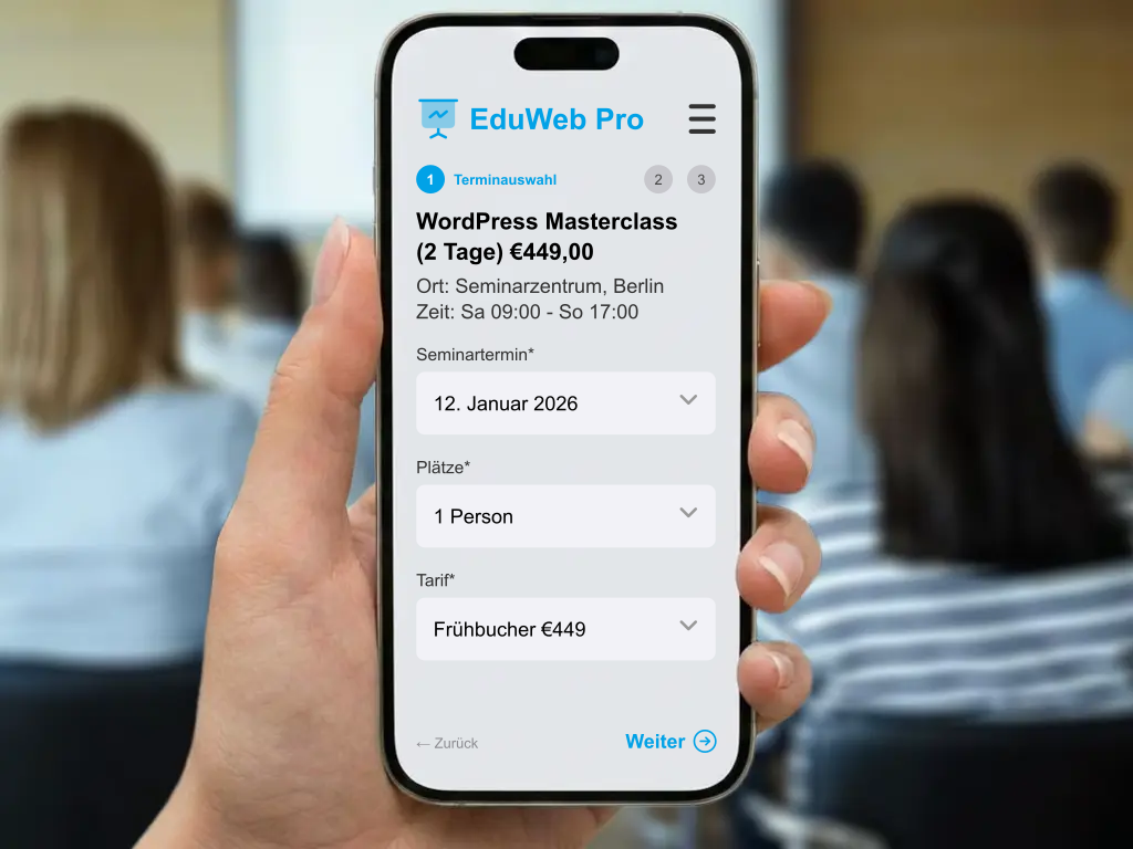 Individuell anpassbares Seminar Buchungsformular Widget für WordPress Webseiten ohne Programmierkenntnisse