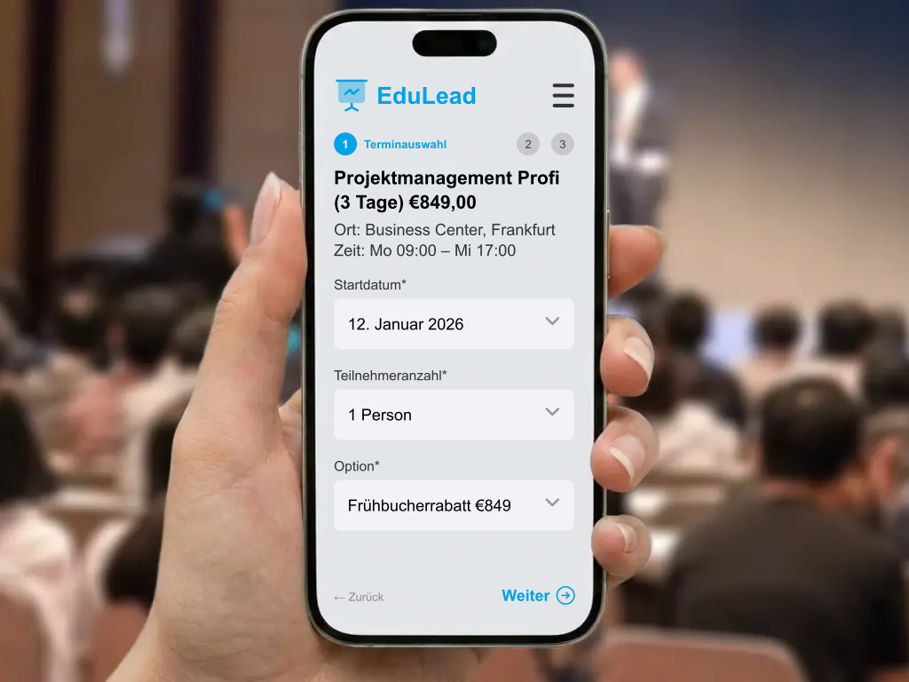 Online Anmeldeformular für Seminare und Workshops auf Smartphone und Desktop zur Optimierung der Buchungsquote