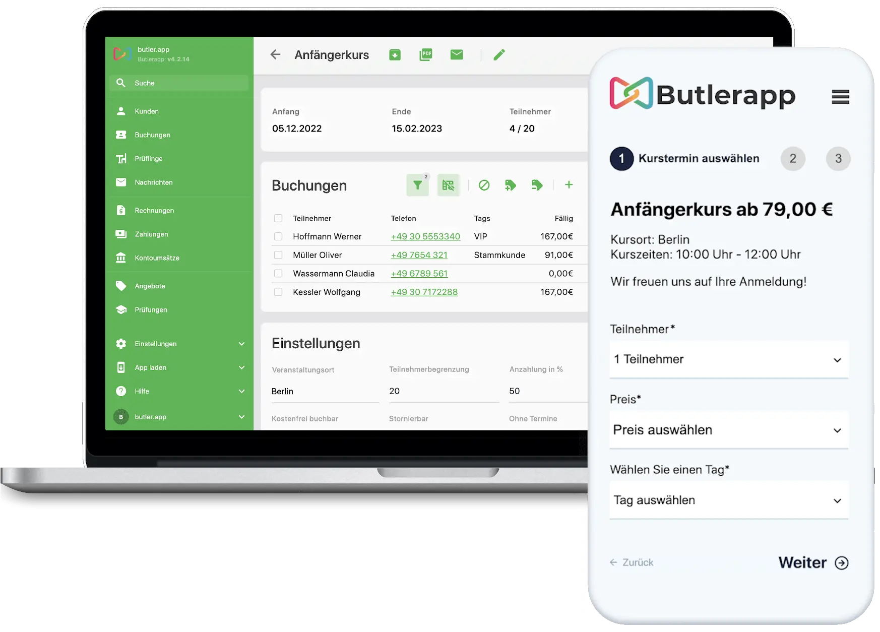 Dashboard Ansicht einer Software zur digitalen Teilnehmerverwaltung und Online Buchung auf einem Laptop Bildschirm
