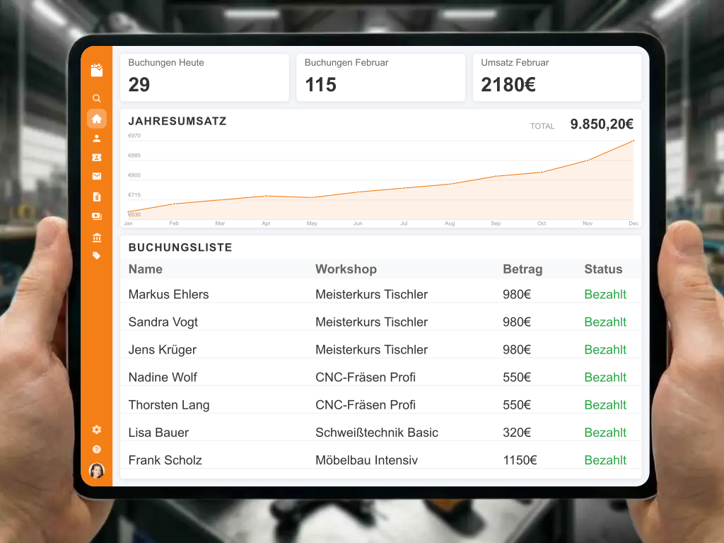 Dashboard Übersicht zur digitalen Teilnehmerverwaltung und automatisierten Rechnungserstellung für Events