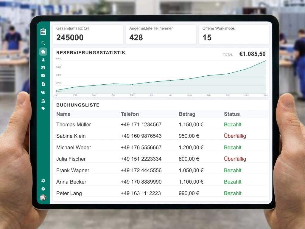 Digitale Teilnehmerliste und übersichtliches Dashboard zur Organisation von Workshop-Anmeldungen und Zahlungsstatus