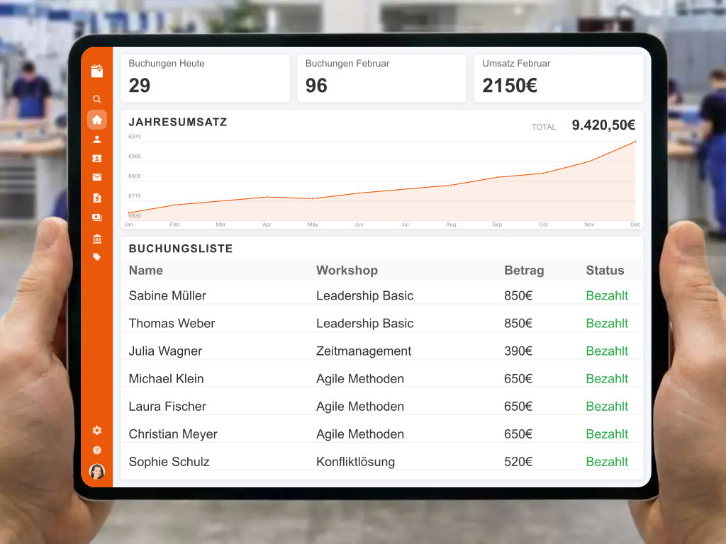Digitale Teilnehmerliste und übersichtliches Dashboard zur Organisation von Workshop-Anmeldungen und Zahlungsstatus